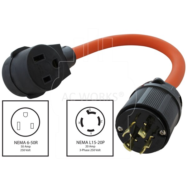 Plug Adaptor, L15-20P; 6-50P; L15-20P, 1.5ft., Orange